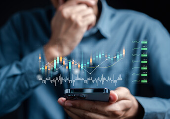 Businessmen investor think before buying stock market investment using smartphone to analyze trading data. investor analysis with stock exchange graph on screen. Financial stock market.
