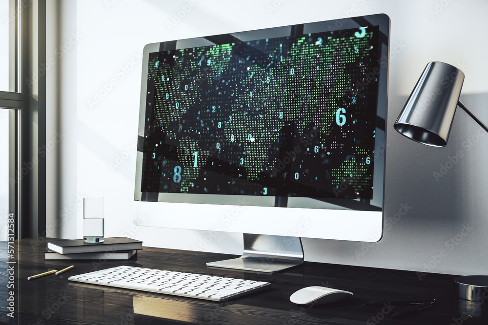 Poster abstract creative coding illustration with world map on modern computer monitor, international softw