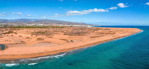 Panoramic aerial scene of the Maspalomas Dunes in Playa del Ingles, Maspalomas, Gran Canaria,...