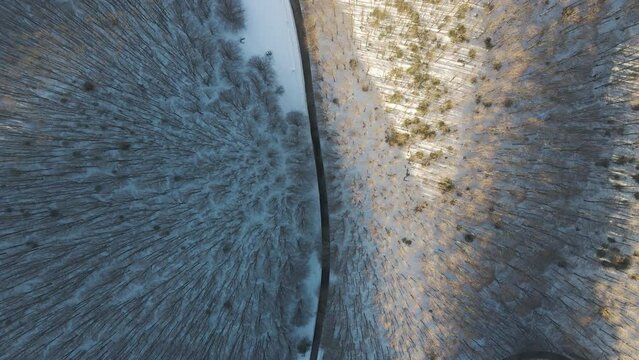 Aerial view of a forest road in winter on Mount Terminio, Serino, Avellino, Irpinia, Campania, Italy.