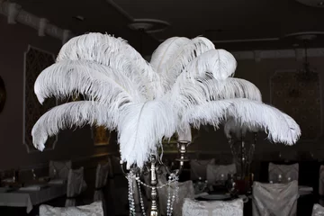 Keuken spatwand met foto White ostrich feather in vase on a banquet table. © meegi