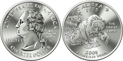 American money, United States Washington quarter dollar or 25-cent silver coin, grizzly bear on reverse