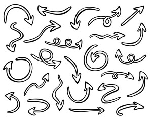 Vector set of hand drawn arrows, pointing in different directions. Cute elements, isolated on white background.