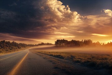 Pickup truck in motion on a country road with clouds of dust. An SUV is driving fast during sunset on a rural gravel road with a lot of dust. fast moving car. Generative AI