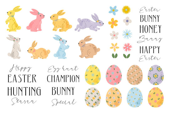 Happy Easter Design clipart isolated on white background for spring and Easte greeting cards and invitations. Bunnies, rabbits, eggs, flowers, cute little characters, lettering, hand drawn elements.