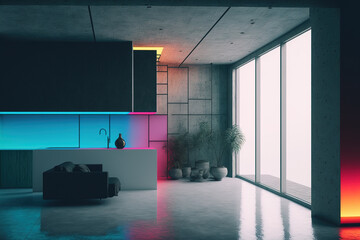 a minimalist home's interior with abstract architectural concrete design and colored neon lighting. Generative AI - obrazy, fototapety, plakaty