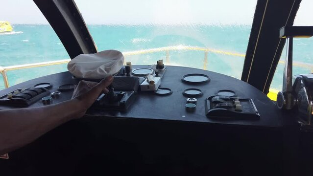 Sailing ship at rough sea, Captain pov at bridge or control room inside view