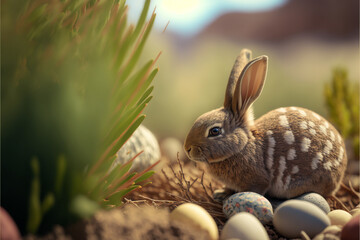 Obraz premium easter bunny and easter eggs background, generative ai