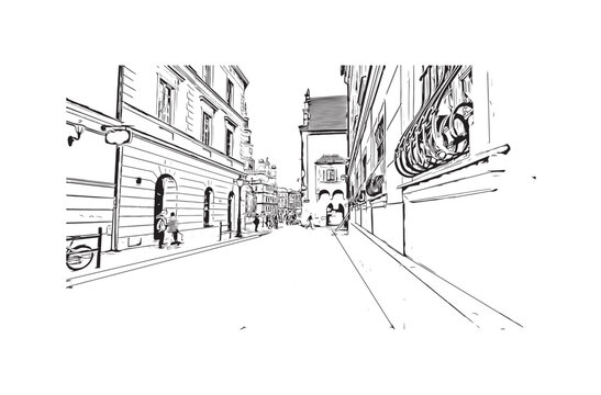 Building view with landmark of  Poznan Poland. Hand drawn sketch illustration in vector.