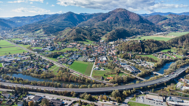 Aerial view over villages Peggau and Deutschfeistritz in Austria on a beautiful autumn day