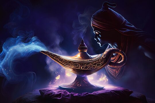 A genie's magic lamp emitting blue smoke standing on a red pillow against a background of blue genie
