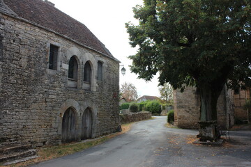 View over a small typical old French village square with a beautiful tree