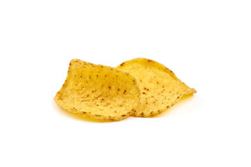 Mexican nachos chips, corn tortilla crisps, isolated on white background.