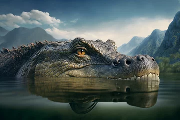Fototapeten Head of crocodile looking out of water against mountains, generative ai © 92ashrafsoomro
