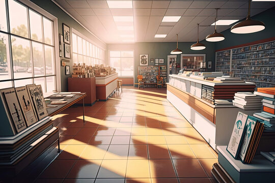 Mid century Card/Comic book shop Interior Design - AI Generated