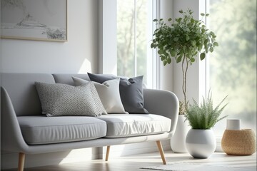 Naklejka premium modern style interior with sofa and trendy vase, Home staging and minimalism concept