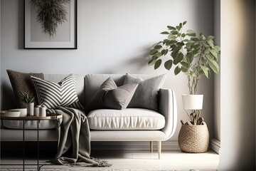 modern style interior with sofa and trendy vase, Home staging and minimalism concept