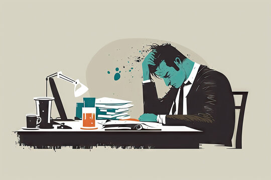 Exhausted Businessman At Work Out Of Hours. Cartoon Illustration. 
