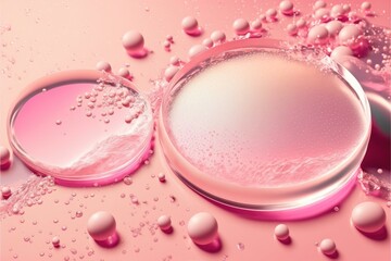 Obraz na płótnie Canvas pink liquid surface with bubbles abstract cosmetic top view generative ai layout