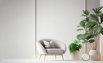 Interior frame living room with gray velvet armchair and plants on empty white texture wall background. Generative AI.