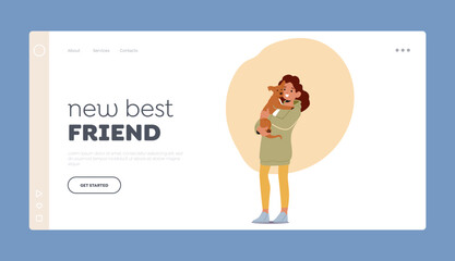 New Best Friend Landing Page Template. Smiling Girl Hold Cute Pet. Animal Lover Female Character with Dog