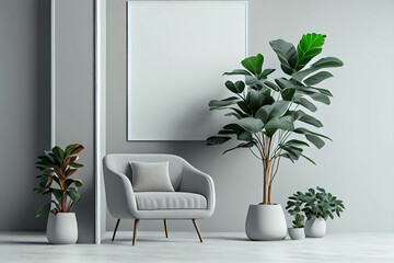 Poster mockup with vertical frames on an empty wall in living room interior with gray velvet armchair and plants. A blank wall with a vertical poster. Generative AI.