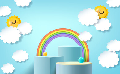 3d podium on colourful background with clouds and cute rainbow, kids product display.