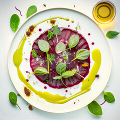 Experience the Best of  vegetarian Fine Dining this Spring with a Fine Beetroot Carpaccio with a Delicious Sauce and Greens: A Gourmet Treat! AI Generated Art.