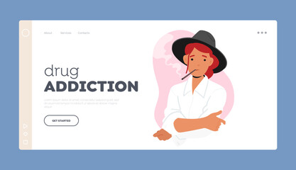Drug Addiction Landing Page Template. Young Female Character Smoking Cigarette, Inhaling Smoke with Satisfied Expression