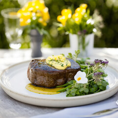 Celebrate Spring with a Homemade Grilled Filet Steak and Mustard, a Slow Food and Farm-to-Table Stock Image. AI Generated Art.