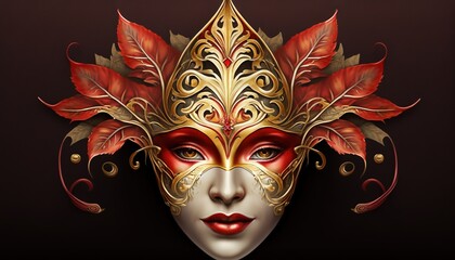  a woman's mask with red leaves and a golden mask on it's face, with a red background and a black background.  generative ai
