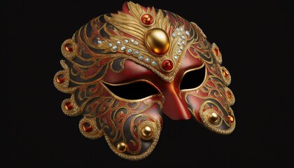  a red and gold mask with jewels on it's face and a gold ball in the middle of the mask, on a black background.  generative ai