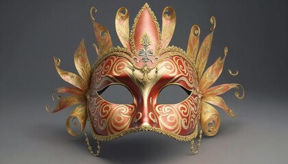  a red and gold mask with a leaf design on the front of it, with a large, ornate design on the side of the mask.  generative ai