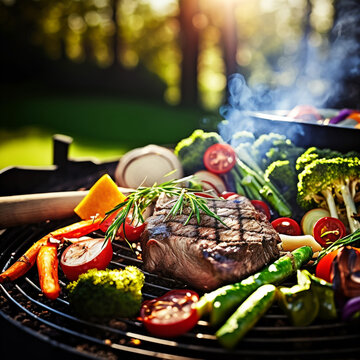Fine Dining Meets Slow Food: A Filet Steak on the Grill with Fresh Vegetables and Herbs, a Gourmet Stock Image for Spring. AI Generated Art.
