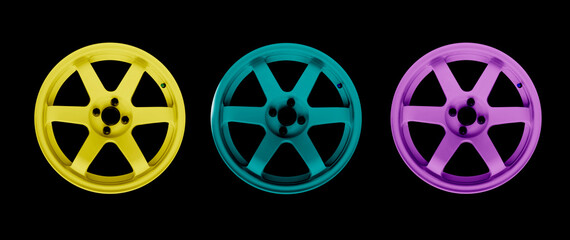 Three car alloy wheel isolated on black background. New alloy wheel for a car on a black...