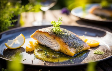 Indulge in Fine Dining this Spring with a Roasted Fish Filet with a Nice Crust, Served with Herbs and Veggies: A Gourmet Delight! AI Generated Art. - obrazy, fototapety, plakaty