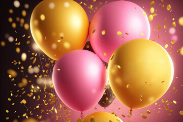 Banner for the holiday with a background of pink and yellow balloons. AI Generated.