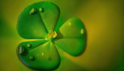 a close up of a four leaf clover with drops of water on the petals of the clover, with a green background and a yellow background.  generative ai
