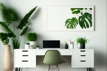 Interior scene of white desk with plants, white and gree, generative ai 3d style illustration  