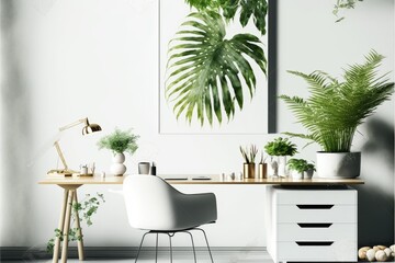 Interior scene of white desk with plants, white and gree, generative ai 3d style illustration  
