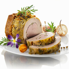 Celebrate Spring with a Gourmet Twist: A Sliced Pork Roast with Stuffing, a Slow Food Stock Image for Your Next Fine Dining Project. AI Generated Art.