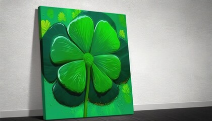  a painting of a four leaf clover on a green background with a white wall in the corner of a room with a black floor and white wall.  generative ai