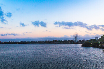 lagoon with wheel of fortune in the background, blue hour in carpenter's lagoon in tampico...