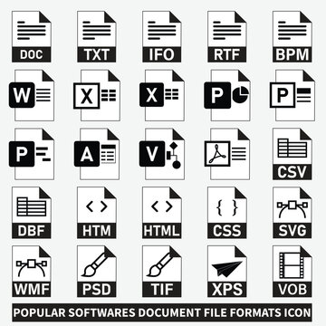 Popular Software's Documents  File Format's Icons set vector. Simplify document management with this set of popular software file format icons.Vector format for easy customization and use in your work