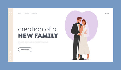 Creation of New Family Landing Page Template. Happy Young Groom and Bride Posing and Hugging on Wedding Ceremony