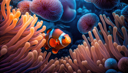 Naklejka na ściany i meble Clownfish Swimming Among Sea Anemones