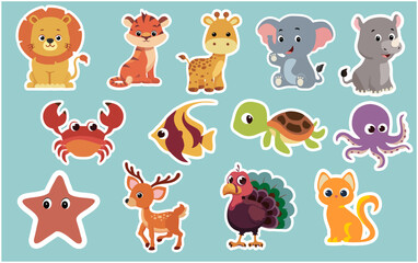 Obraz premium illustration pack Big set animals, fish and birds for children. Symbols pack for kids book, education poster. Vector cartoon characters isolated on white background. sticker