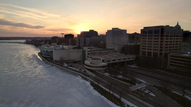 Downtown Madison Winter Flyby at Dusk.