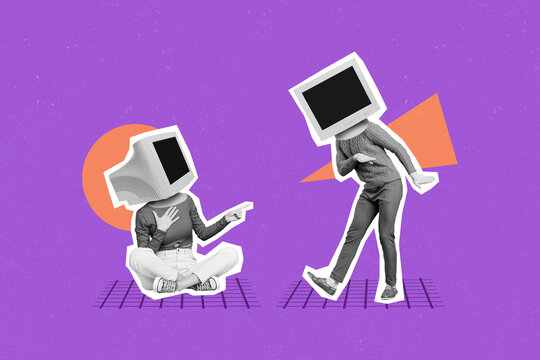 Composite collage photo of two headless girls absurd oldschool computer display monitor advert party invite isolated on purple color background