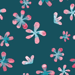 Blue and pink flowers watercolor painting - abstract seamless pattern on navy blue background
